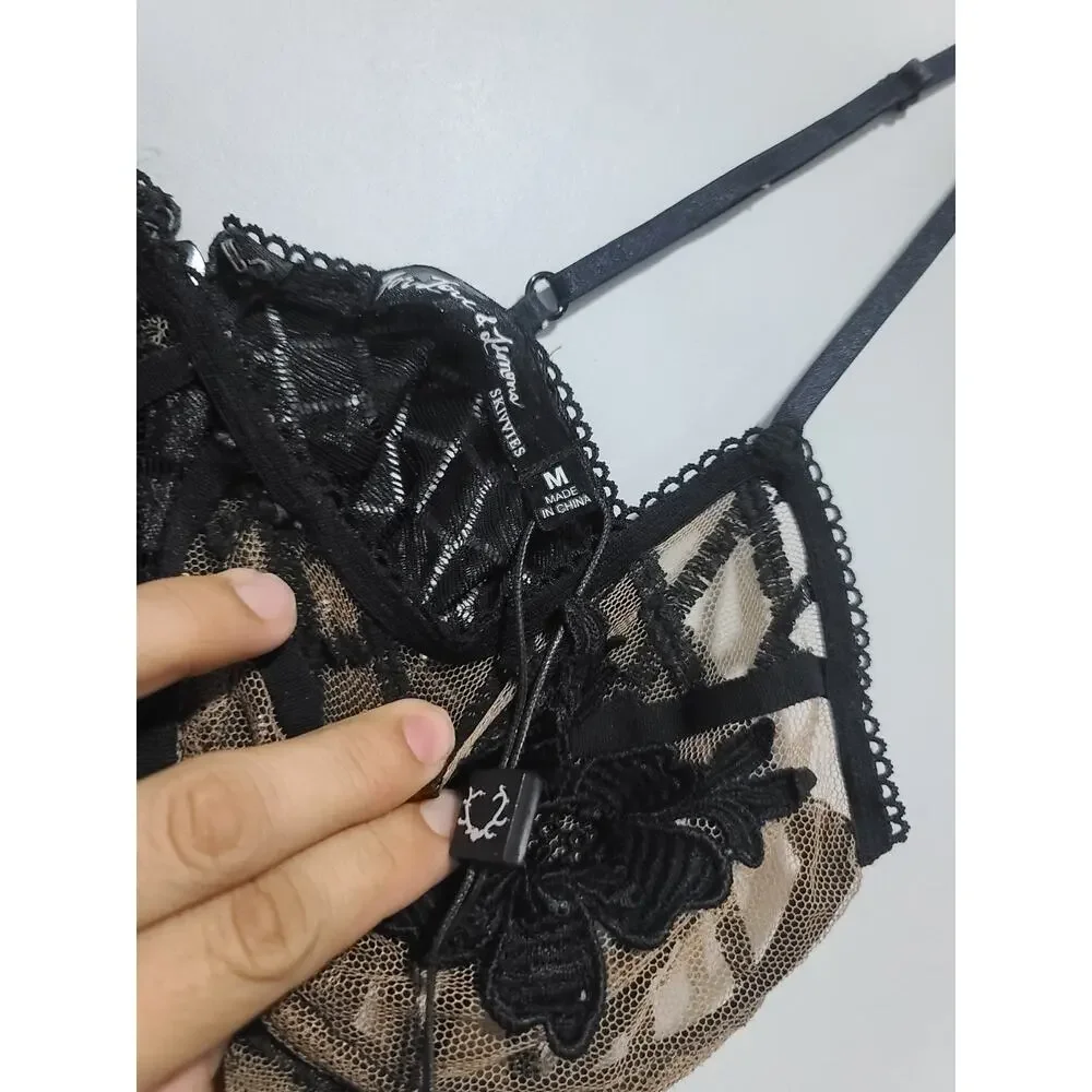 For Love & Lemons Delilah Skivvies Black Nude Floral Lace Underwire Bodysuit M